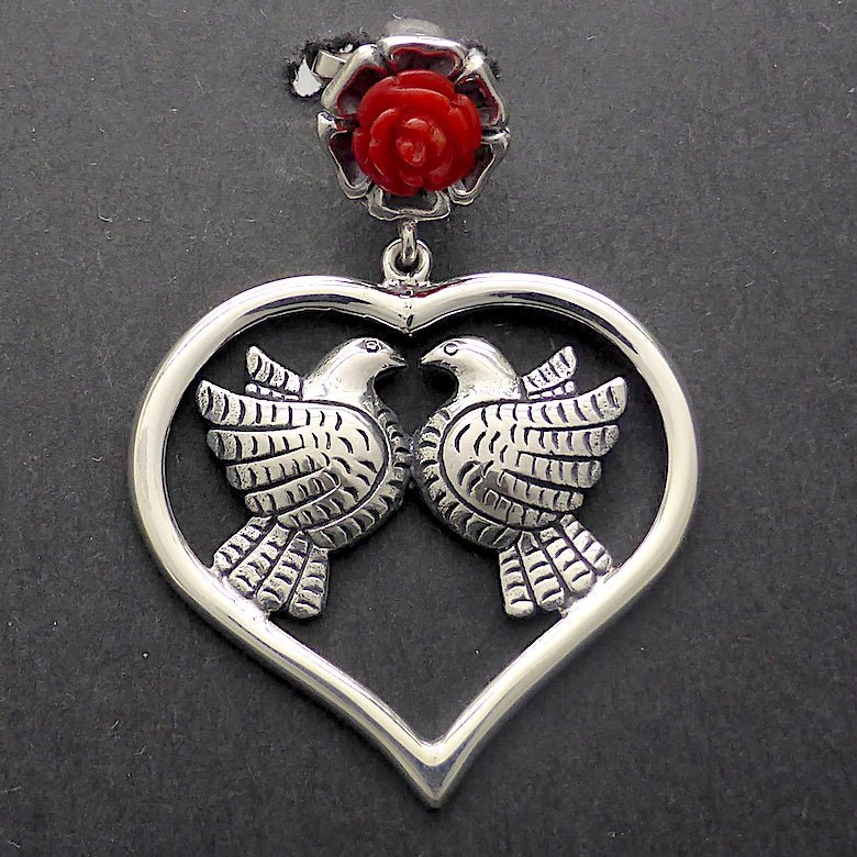 Frida Kahlo inspired Pendant with kissing Doves below a blood red coral rose | 925 Sterling Silver | Powerful Imagery of Love |  Genuine Gemstones from Crystal Heart Melbourne Australia since 1986