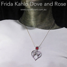 Load image into Gallery viewer, Frida Kahlo inspired Pendant with kissing Doves below a blood red coral rose | 925 Sterling Silver | Powerful Imagery of Love |  Genuine Gemstones from Crystal Heart Melbourne Australia since 1986