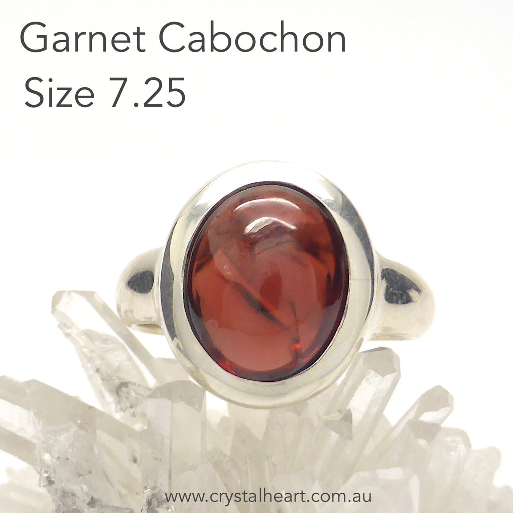 Garnet Ring | Red with slight dash of Orange | Cabochon Oval | 925 Sterling | US Size 7.25 | AUS size O | Centering and Energising | Spiritual Power | Genuine Gems from Crystal Heart Melbourne Australia since 1986