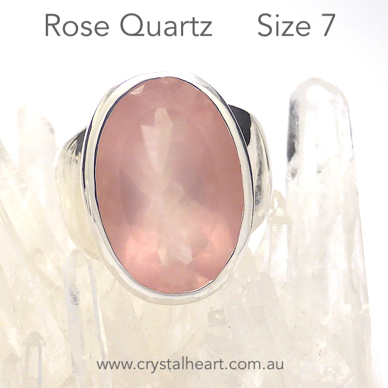Rose Quartz Gemstone Ring | Faceted Oval | Madagascar | Deep Delicate Gemmy Pink | Wide Band | 925 Sterling Silver | US Size 7 | AUS Size N 1/2 | Star Stone Taurus Libra  | Genuine Gemstones from Crystal Heart Melbourne since 1986 