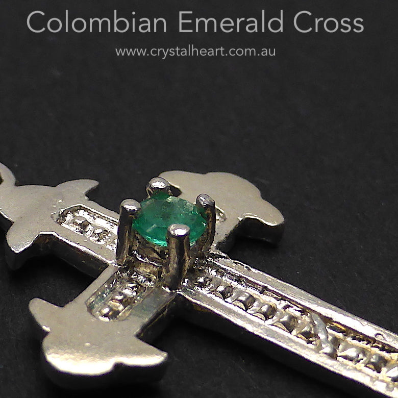 Genuine Colombian Emerald centred in 925 Sterling Silver Cross Pendant | Creative Joy | Wisdom of the Heart | Genuine gems from Crystal Heart Melbourne Australia since 1986