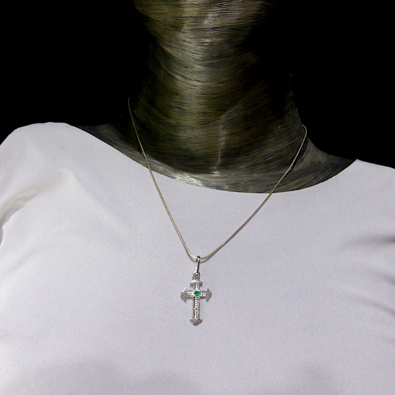 Genuine Colombian Emerald centred in 925 Sterling Silver Cross Pendant | Creative Joy | Wisdom of the Heart | Genuine gems from Crystal Heart Melbourne Australia since 1986