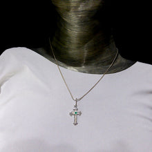 Load image into Gallery viewer, Genuine Colombian Emerald centred in 925 Sterling Silver Cross Pendant | Creative Joy | Wisdom of the Heart | Genuine gems from Crystal Heart Melbourne Australia since 1986