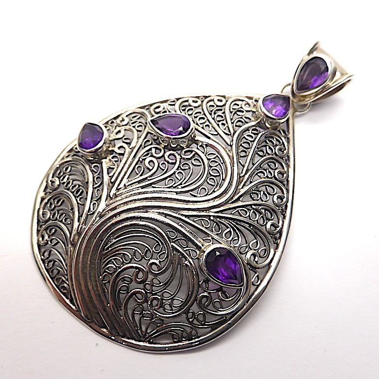 Organic design in 925 Sterling Silver reminiscent of Tree or Vine | Set with 4 faceted Teardrop Amethysts of exceptional deep purple colour | Genuine Gems from Crystal Heart Melbourne Australia since 1986
