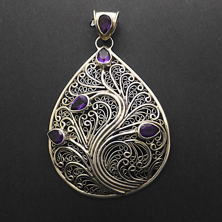 Organic design in 925 Sterling Silver reminiscent of Tree or Vine | Set with 4 faceted Teardrop Amethysts of exceptional deep purple colour | Genuine Gems from Crystal Heart Melbourne Australia since 1986