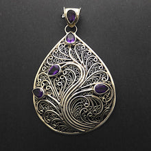 Load image into Gallery viewer, Organic design in 925 Sterling Silver reminiscent of Tree or Vine | Set with 4 faceted Teardrop Amethysts of exceptional deep purple colour | Genuine Gems from Crystal Heart Melbourne Australia since 1986