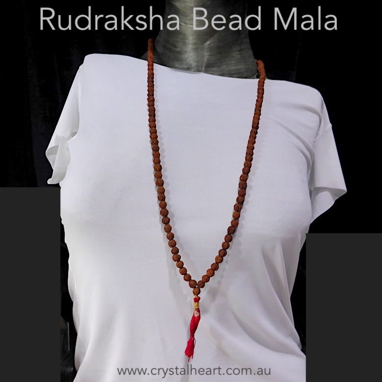 Rudraksha Mala Necklace |  Eye of Lord Shiva | Made from the seeds of the Rudraksha or Bodhi tree under which Buddha achieved enlightenment | 108 + 1 beads | Crystal Heart Australia since 1986