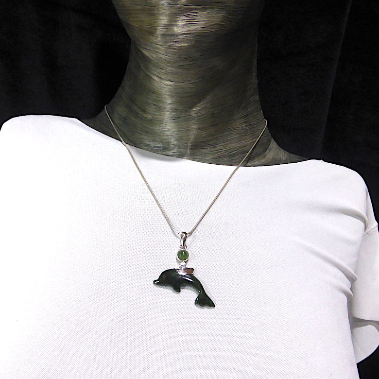 New Zealand Jade Pendant | Hand Carved Dolphin | 925 sterling Silver | Myanmar | Libra Star Stone | Genuine Gems from Crystal Heart Melbourne Australia since 1986
