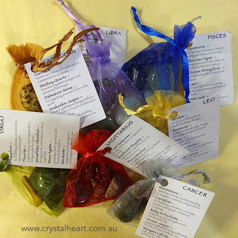 Crystal Star Sign kits to help guide your path | Selected stones in Organza bag with descriptions | Zodiac Stone Sets | Genuine Gems from  Crystal Heart Melbourne Australia since 1986