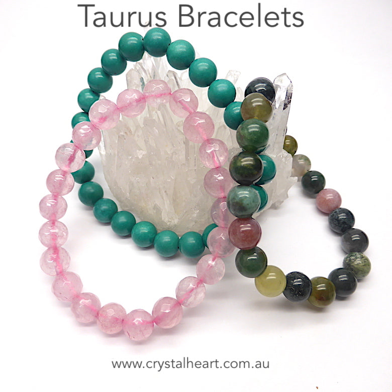 Set of 3 Star Sign Stretch Bead Bracelets presented in a satin Crystal Heart Pouch with descriptions of the stones | Taurus | Turquoise | Bloodstone | Rose Quartz | Genuine Gems from Crystal Heart Melbourne Australia since 1986