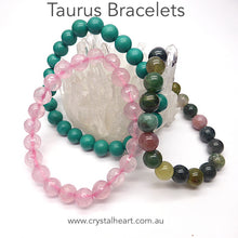 Load image into Gallery viewer, Set of 3 Star Sign Stretch Bead Bracelets presented in a satin Crystal Heart Pouch with descriptions of the stones | Taurus | Turquoise | Bloodstone | Rose Quartz | Genuine Gems from Crystal Heart Melbourne Australia since 1986
