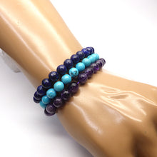 Load image into Gallery viewer, Set of 3 Star Sign stretch bracelets with semi precious gems | presented in a satin Pouch with descriptions of the stones  | Aquarius~ Amethyst, Lapis Lazuli, Turquoise | Genuine Gems from Crystal Heart Australia since 1986 