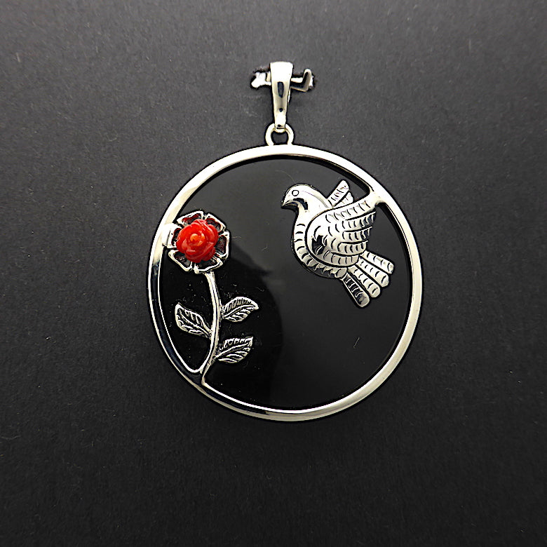 Frida Kahlo inspired Pendant | Blood red coral rose & Silver Dove on a Black Onyx Disc | 925 Sterling Silver | Powerful Imagery of Love |  Genuine Gemstones from Crystal Heart Melbourne Australia since 1986 | Valentine | Romance | Love
