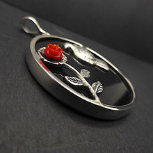 Load image into Gallery viewer, Frida Kahlo inspired Pendant | Blood red coral rose &amp; Silver Dove on a Black Onyx Disc | 925 Sterling Silver | Powerful Imagery of Love |  Genuine Gemstones from Crystal Heart Melbourne Australia since 1986 | Valentine | Romance | Love
