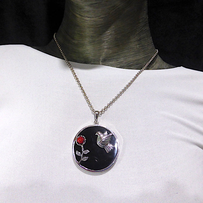 Frida Kahlo inspired Pendant | Blood red coral rose & Silver Dove on a Black Onyx Disc | 925 Sterling Silver | Powerful Imagery of Love |  Genuine Gemstones from Crystal Heart Melbourne Australia since 1986 | Valentine | Romance | Love