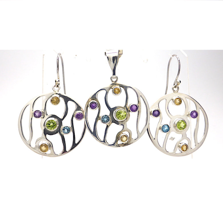 Organic Styled Disc Earrings and Pendant | Quality Faceted Round Gemstones | Peridot, Amethyst, Citrine, Blue Topaz |  925 Sterling Silver | Genuine Gems from Crystal Heart since 1986