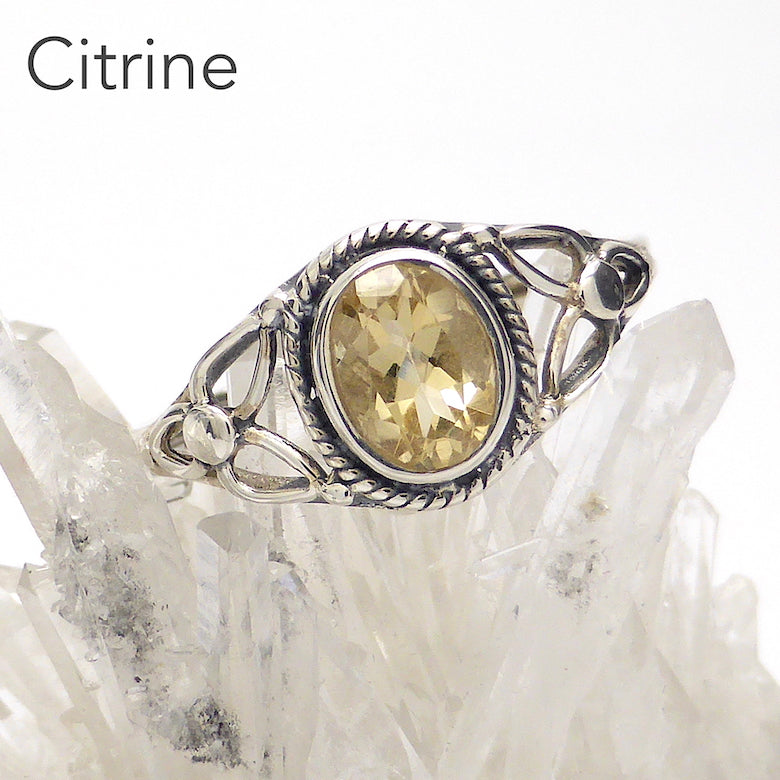 Dainty Citrine Ring | Oval Faceted Stone | 925 Sterling silver | Silver rope work and Celtic Flower reminiscent of a Triquetra | US size 5 | 6 | 7 | 8 | 9 | Genuine Gems from Crystal Heart Melbourne Australia since 1986