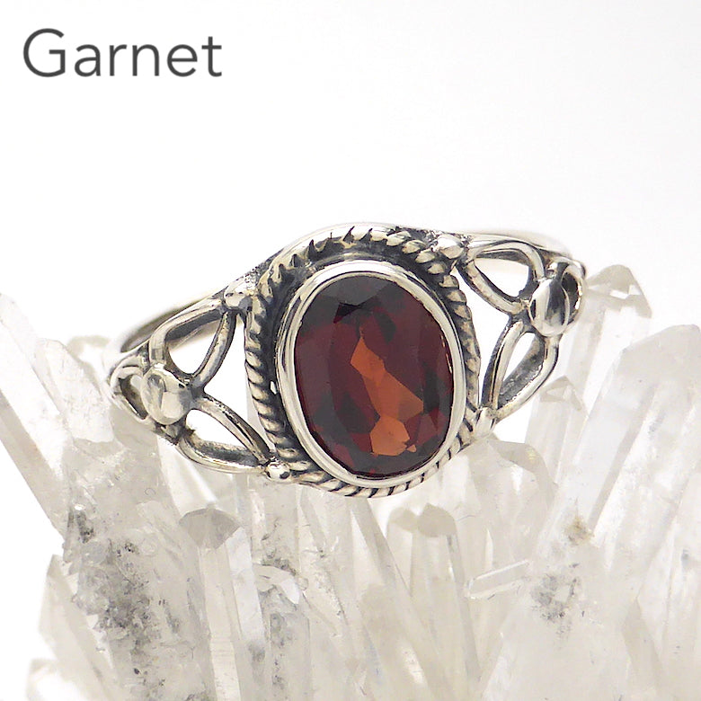 Dainty Red Garnet Ring | Oval Faceted Stone | 925 Sterling silver | Silver rope work and Celtic Flower reminiscent of a Triquetra | US size 5 | 6 | 7 | 8 | 9 | Genuine Gems from Crystal Heart Melbourne Australia since 1986