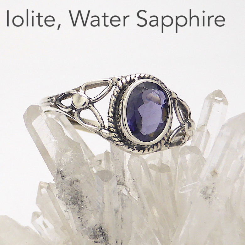 Dainty Purple Iolite Ring | AKA Water Sapphire | Oval Faceted Stone | 925 Sterling silver | Silver rope work and Celtic Flower reminiscent of a Triquetra | US size 5 | 6 | 7 | 8 | 9 | Genuine Gems from Crystal Heart Melbourne Australia since 1986