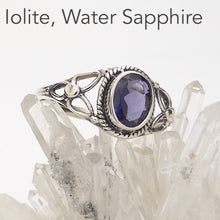 Load image into Gallery viewer, Dainty Purple Iolite Ring | AKA Water Sapphire | Oval Faceted Stone | 925 Sterling silver | Silver rope work and Celtic Flower reminiscent of a Triquetra | US size 5 | 6 | 7 | 8 | 9 | Genuine Gems from Crystal Heart Melbourne Australia since 1986