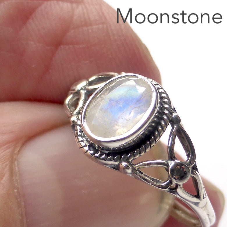 Dainty Rainbow Moonstone Ring | Oval Faceted Stone | 925 Sterling silver | Silver rope work and Celtic Flower reminiscent of a Triquetra | US size 5 | 6 | 7 | 8 | 9 | Genuine Gems from Crystal Heart Melbourne Australia since 1986