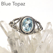 Load image into Gallery viewer, Dainty Blue Topaz Ring | Oval Faceted Stone | 925 Sterling silver | Silver rope work and Celtic Flower reminiscent of a Triquetra | US size 5 | 6 | 7 | 8 | 9 | Genuine Gems from Crystal Heart Melbourne Australia since 1986