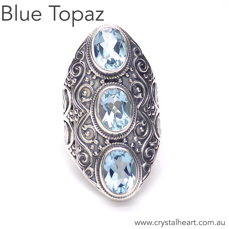 Ring Sky Blue Topaz | 925 silver | US Size 6, 7, 8 or 9 | 3 Clear Faceted gemstones in line | Lots of Blue Fire | Detailed Silver | Empowering Design | Medieval Feel | Genuine Gems from Crystal Heart Melbourne Australia since 1986
