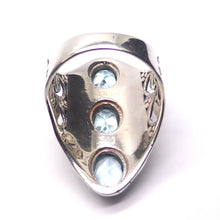Load image into Gallery viewer, Ring Sky Blue Topaz | 925 silver | US Size 6, 7, 8 or 9 | 3 Clear Faceted gemstones in line | Lots of Blue Fire | Detailed Silver | Empowering Design | Medieval Feel | Genuine Gems from Crystal Heart Melbourne Australia since 1986