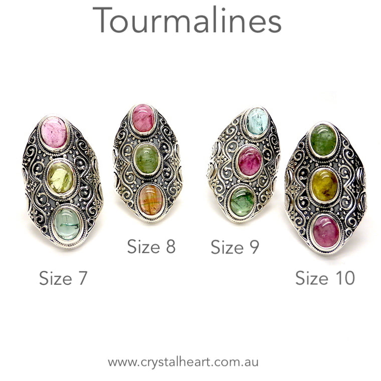 Tourmaline Ring, 3 Ovals, Detailed 925 Silver