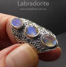 Load image into Gallery viewer, Ring with 3 faceted oval Labradorite gemstones | Rich Blue Flashes | Detailed Antique look Silver | Empowering Design | Medieval Feel | 925 silver | US Size 6, 7, 8 or 9 | Genuine Gems from Crystal Heart Melbourne Australia since 1986