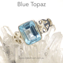 Load image into Gallery viewer, Blie topaz Ring | Faceted Emerald Cut | 925 Silver | Celtic Heart Detail | Dainty Elegance | US Size 6 | 7 | 8 | 9 | Genuine gems from Crystal Heart Australia since 1986