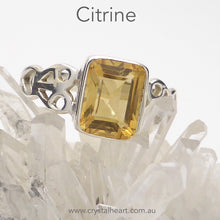 Load image into Gallery viewer, Citrine Ring | Faceted Emerald Cut | 925 Silver | Celtic Heart Detail | Dainty Elegance | US Size 6 | 7 | 8 | 9 | Genuine gems from Crystal Heart Australia since 1986