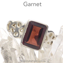 Load image into Gallery viewer, Garnet Ring | Faceted Emerald Cut | 925 Silver | Celtic Heart Detail | Dainty Elegance | US Size 6 | 7 | 8 | 9 | Genuine gems from Crystal Heart Australia since 1986