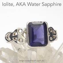 Load image into Gallery viewer, Iolite Ring | Faceted Emerald Cut | 925 Silver | Celtic Heart Detail | Dainty Elegance | US Size 6 | 7 | 8 | 9 | Genuine gems from Crystal Heart Australia since 1986