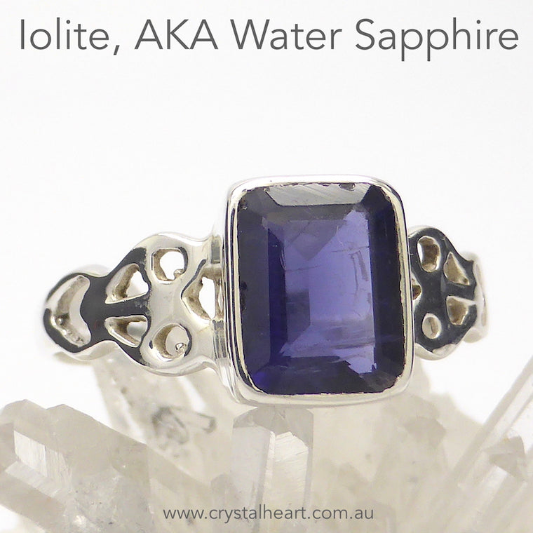 Iolite Ring, Oblong Facet, Celtic Heart, 925 Silver