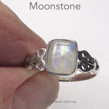 Load image into Gallery viewer, Moonstone Ring | Faceted Emerald Cut | 925 Silver | Celtic Heart Detail | Dainty Elegance | US Size 6 | 7 | 8 | 9 | Genuine gems from Crystal Heart Australia since 1986