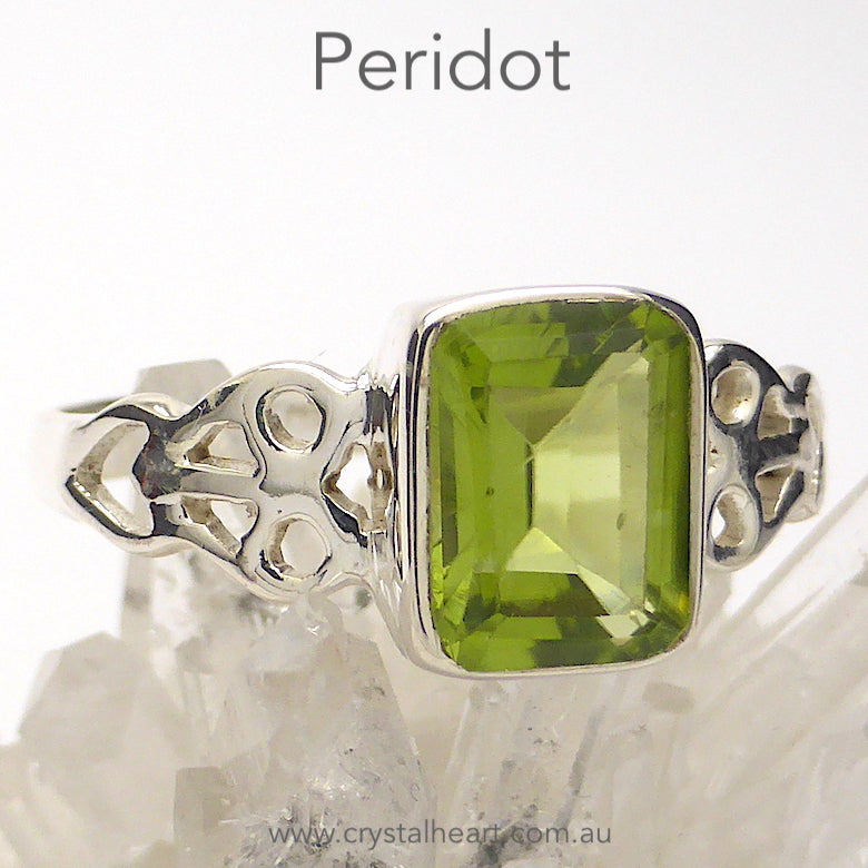 Peridot Ring | Faceted Emerald Cut | 925 Silver | Celtic Heart Detail | Dainty Elegance | US Size 6 | 7 | 8 | 9 | Genuine gems from Crystal Heart Australia since 1986