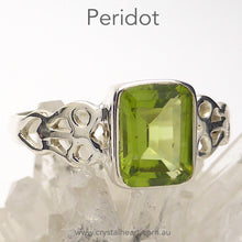 Load image into Gallery viewer, Peridot Ring | Faceted Emerald Cut | 925 Silver | Celtic Heart Detail | Dainty Elegance | US Size 6 | 7 | 8 | 9 | Genuine gems from Crystal Heart Australia since 1986