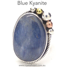 Load image into Gallery viewer, Freeform Cabochon of Blue Kyanite | 925 Sterling Silver | US Ring Size 7.5 | AUS Size O 1/2 | Generous wide band | Bezel set with surround of silver rope work and nice detail of small Silver, Copper and Brass balls | Genuine Gems from Crystal Heart Melbourne Australia since 1986