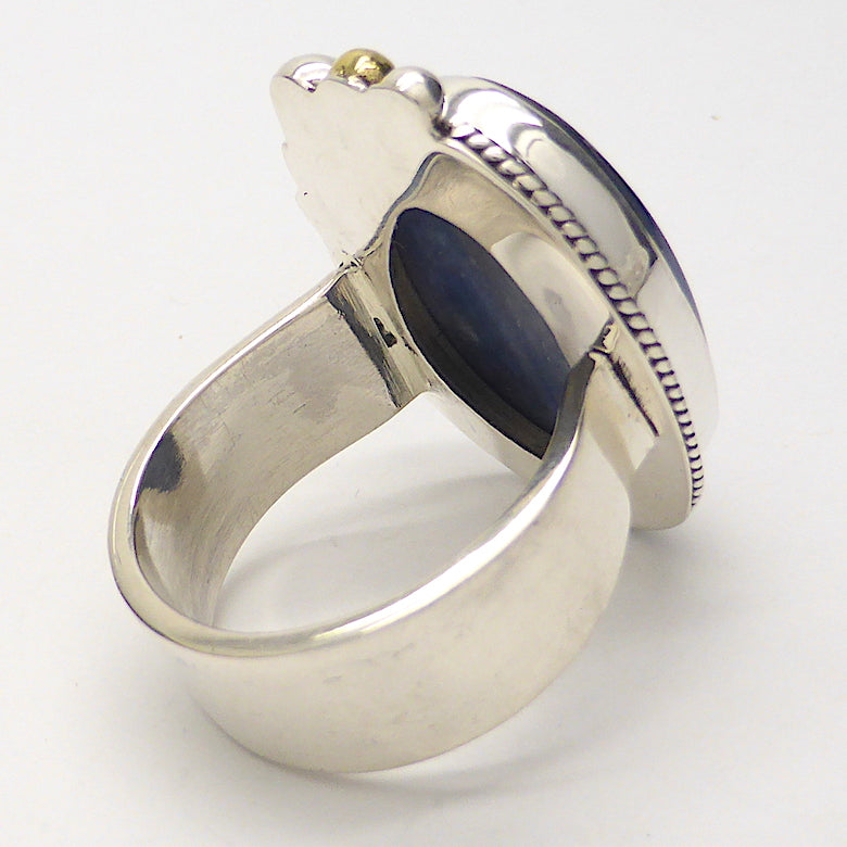 Freeform Cabochon of Blue Kyanite | 925 Sterling Silver | US Ring Size 7.5 | AUS Size O 1/2 | Generous wide band | Bezel set with surround of silver rope work and nice detail of small Silver, Copper and Brass balls | Genuine Gems from Crystal Heart Melbourne Australia since 1986