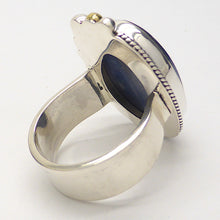 Load image into Gallery viewer, Freeform Cabochon of Blue Kyanite | 925 Sterling Silver | US Ring Size 7.5 | AUS Size O 1/2 | Generous wide band | Bezel set with surround of silver rope work and nice detail of small Silver, Copper and Brass balls | Genuine Gems from Crystal Heart Melbourne Australia since 1986