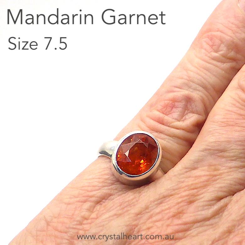 Genuine Mandarin Garnet Ring | Faceted Oval | 925 Sterling Silver | US Size 7.5, AUS O1/2 | Prosperity, Creativity & Joy | Genuine Gems from Crystal Heart Melbourne Australia since 1986
