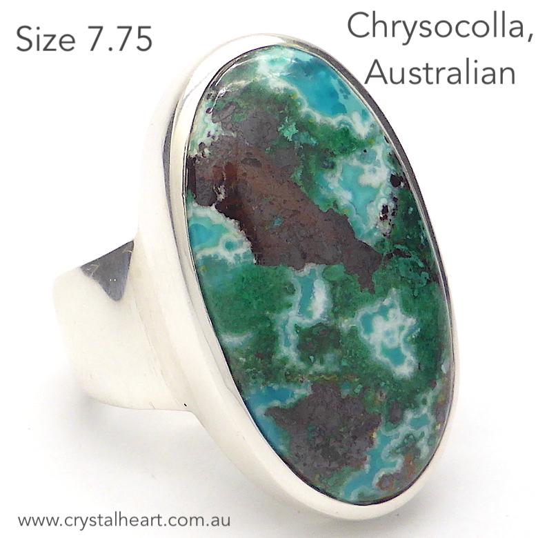 Australian Chrysocolla Ring | Oval Cabochon | 925 Sterling Silver | Simple style, Superior Silver work | Size 7.75 | Size P | Gaia Healing | Genuine Gems from Crystal Heart Melbourne Australia since 1986