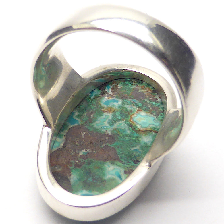 Australian Chrysocolla Ring | Oval Cabochon | 925 Sterling Silver | Simple style, Superior Silver work | Size 7.5 | Size O | Gaia Healing | Genuine Gems from Crystal Heart Melbourne Australia since 1986