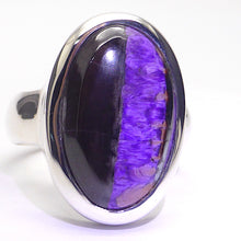 Load image into Gallery viewer, Sugilite or Luvulite Ring | Oval Cabochon | Light and Dark sides with chatoyancy | Beautifully Handcrafted in 925 Sterling Silver | US Size 7.5 | AUS UK Size O 1/2 | Genuine S. African Natural Stone | Activate Spiritual Vision | Crystal Heart Melbourne Australia since 1986 | Prof Sugi | Mt Fuji Japan 1947 | S.Africa 1986