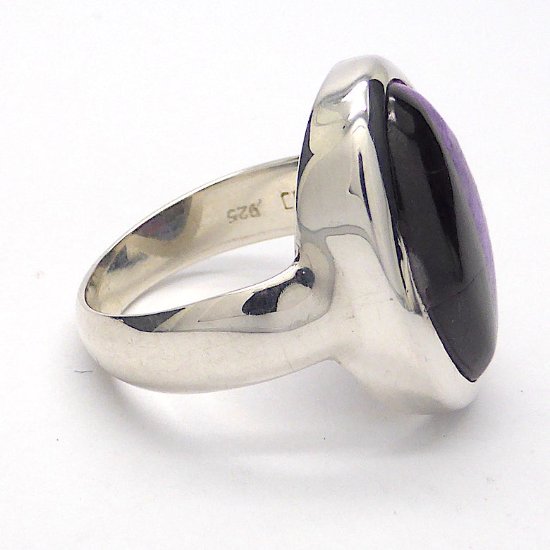 Sugilite or Luvulite Ring | Oval Cabochon | Light and Dark sides with chatoyancy | Beautifully Handcrafted in 925 Sterling Silver | US Size 7.5 | AUS UK Size O 1/2 | Genuine S. African Natural Stone | Activate Spiritual Vision | Crystal Heart Melbourne Australia since 1986 | Prof Sugi | Mt Fuji Japan 1947 | S.Africa 1986