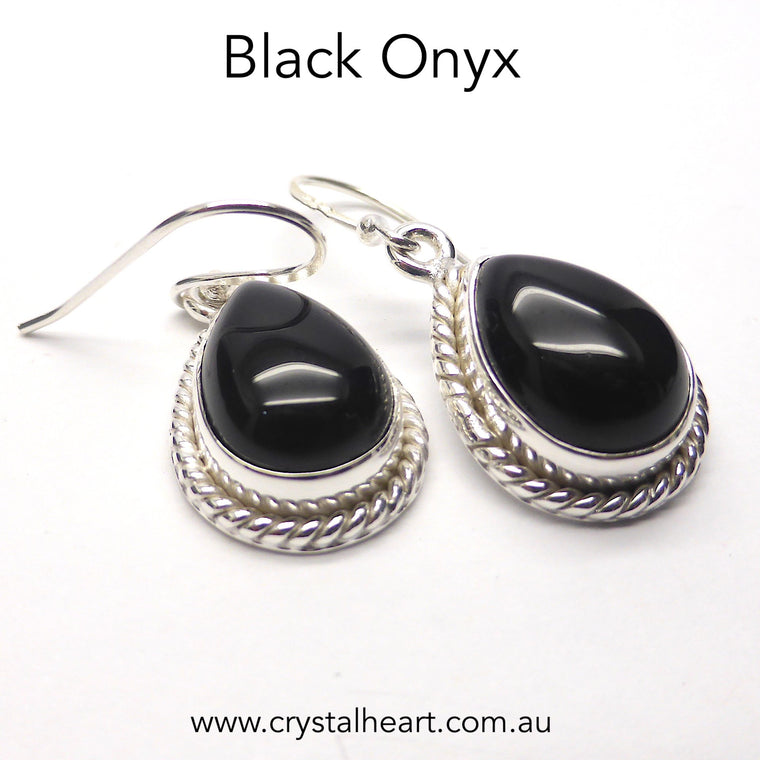 Black Onyx Earring, Teardrop Cabochon, 925 Silver, k7