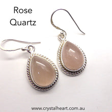 Load image into Gallery viewer, Rose Quartz Earring | Cabochon Teardrops | Rainbow Moonstone | Labradorite | Larimar | Rose Quartz | Black Onyx | Good Colour | 925 Sterling Silver | Rope work detail | Genuine Gems from Crystal Heart Melbourne Australia since 1986