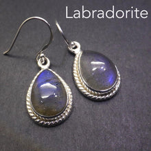 Load image into Gallery viewer, Labradorite Earring | Cabochon Teardrops | also Rainbow Moonstone | Labradorite | Larimar | Rose Quartz | Black Onyx | Good Colour | 925 Sterling Silver | Rope work detail | Genuine Gems from Crystal Heart Melbourne Australia since 1986