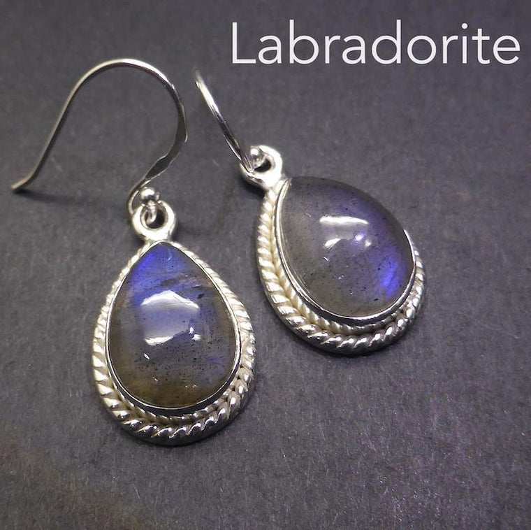 Labradorite Earring, Teardrop Cabochon, 925 Silver, k7